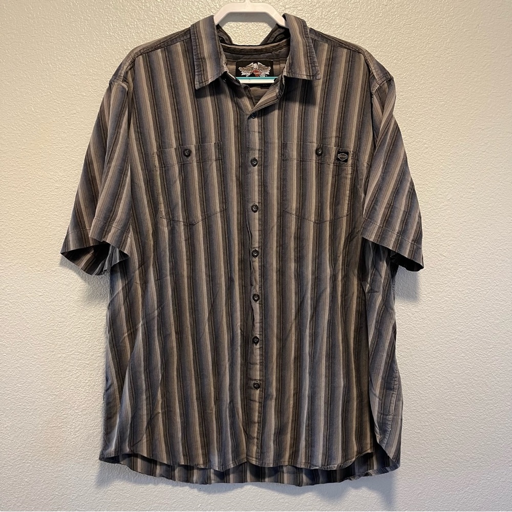 Harley Davidson Button Down Stripped Short Sleeve Shirt Men 2XL Embroidered Gift